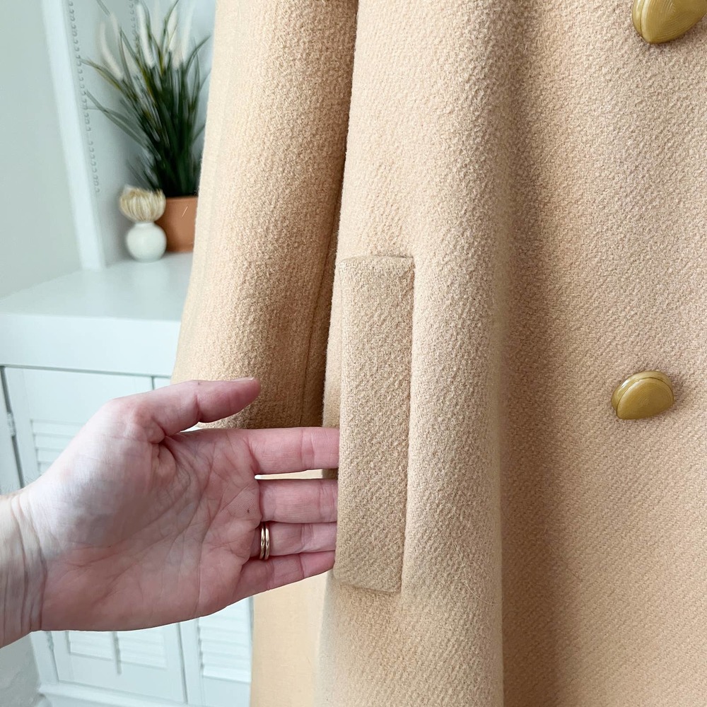 Vintage Romay Azens Fur Collar Camel Tan Wool Swing Cape Coat Size S/M - Picture 6 of 9